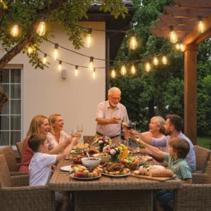 Illuminazione d'atmosfera per aperitivo in giardino con catene luminose LED